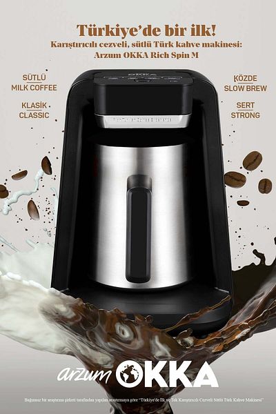Arzum Okka Rich Spin M - Turkish Coffee Machine with Steel Coffee Pot and Milk, Chrome 5 Cups