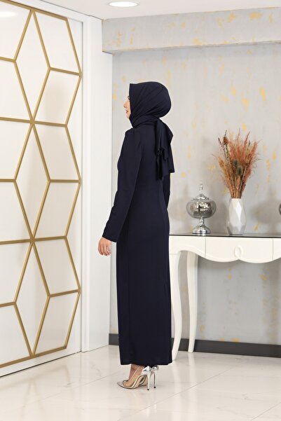 PİENNAR Απλικέ Κεντημένο Μολύβι Tuana Hijab Φόρεμα Navy Blue