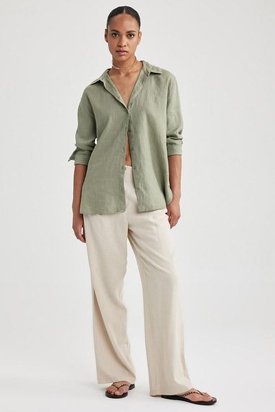 DeFacto Oversize Fit 100% Linen Long Sleeve Shirt