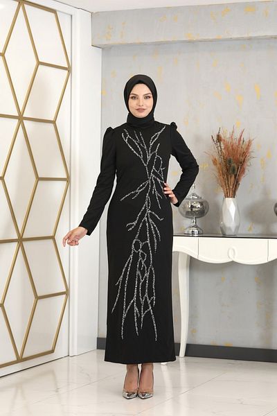 PİENNAR Απλικέ Κεντημένο Μολύβι Tuana Hijab Φόρεμα Μαύρο