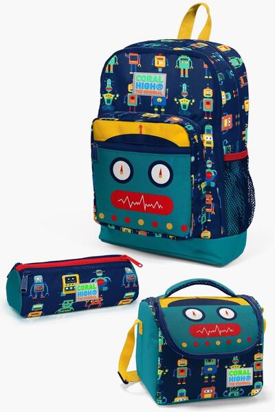Coral High Kids Lacivert Çivit Robot Desenli 3’lü Okul Çanta Seti SET0123472