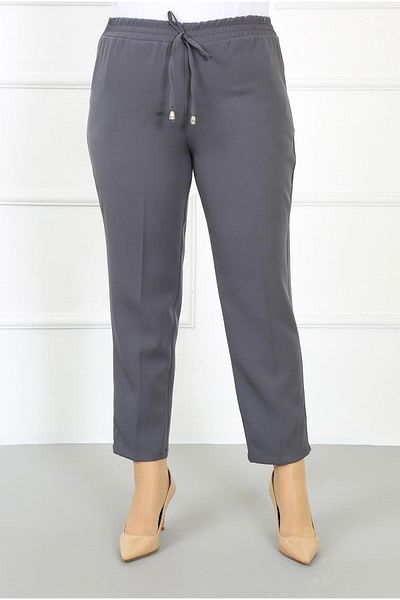 By Alba Collection Women's Gray Imported Dumbbell Large Size Trousers with Elastic Waist