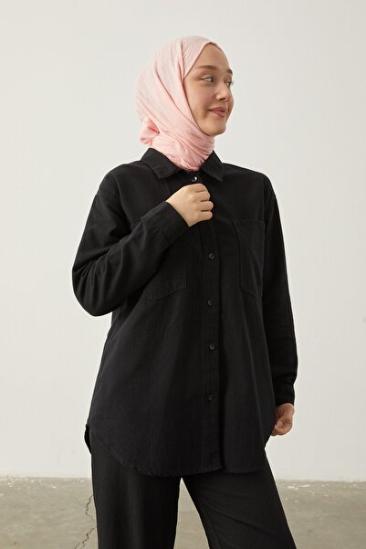 Yefrastore Kadın Giyim Gömlek Pamuklu Çift Cepli Siyah