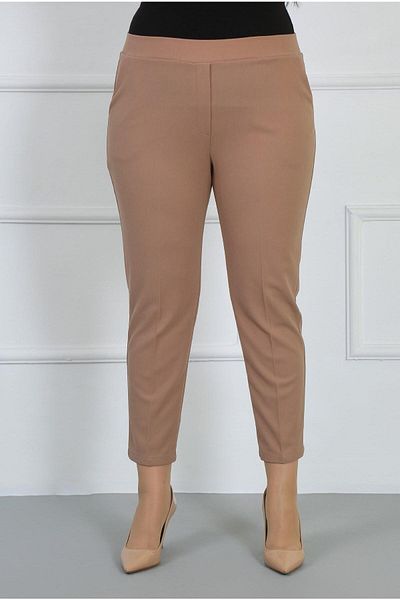 By Alba Collection Women's Tan Full Elastic Waist Lycra Scuba Crepe Narrow Leg Large Size Trousers