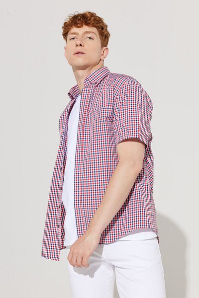 ALTINYILDIZ CLASSICS Men's Red Comfort Fit Relaxed Cut Button Collar Gingham Casual Shirt