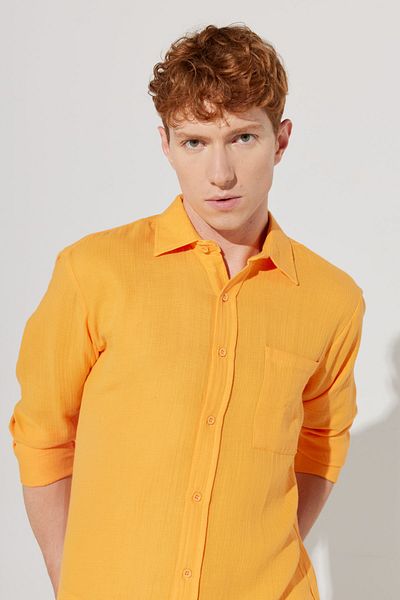 AC&Co / Altınyıldız Classics Men's Orange Comfort Fit Wide Cut Classic Collar 100% Cotton Muslin Shirt