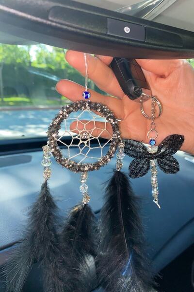 EL YAPIMI Araba Dikiz Aynası Süsü Siyah Takım Yusufçuk Anahtarlıklı