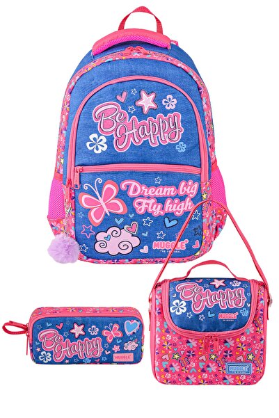 MUGGLE Дънков панталон, розов и син, с три отделения, училищен раница, торбич...
