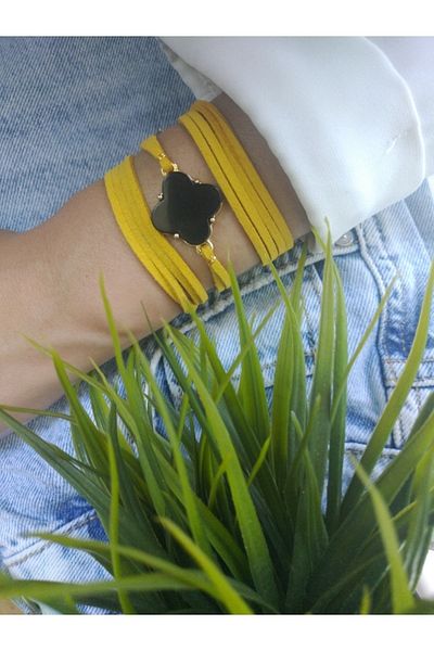 ZeynDesign Yellow Clover Wrap Bracelet with Pearl Stones