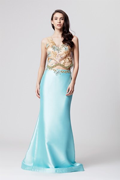 Abiye Sarayı Turkuaz Nakış Işlemeli V Yaka Ikili Takım Abiye