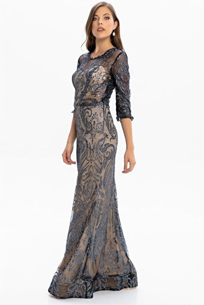 Abiye Sarayı Lacivert Transparan Detaylı Simli Uzun Abiye Elbise