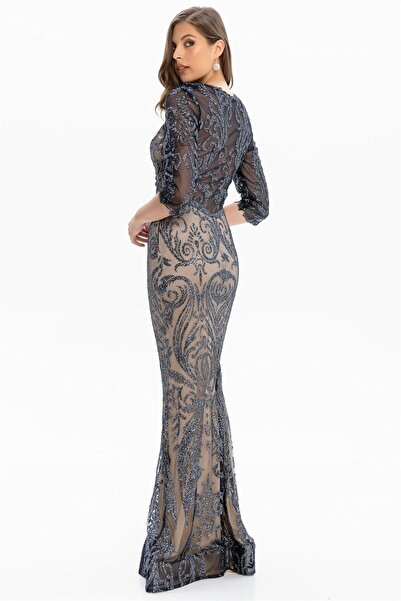 Abiye Sarayı Lacivert Transparan Detaylı Simli Uzun Abiye Elbise