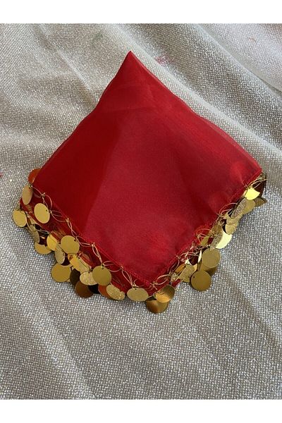 YENİ HEDİYELİK DÜNYAM Embroidered Handmade Halay Handkerchief - Red & Gold