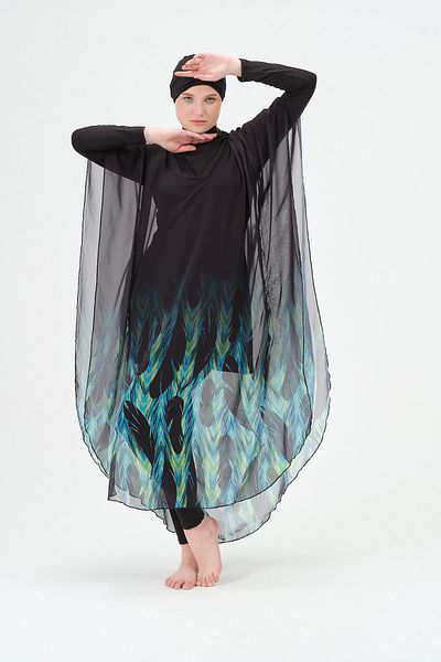 vawensea Women's Hijab Swimsuit Green Feather Panel Patterned Single Pareo