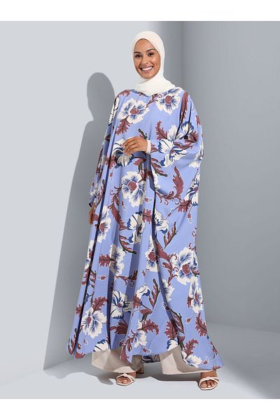 Refka Floral Patterned Satin Abaya Ferace - Blue Ecru - Woman