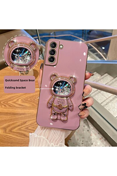 AKSEFİZZ Galaxy S22 Plus Uyumlu Akışkan Sıvılı Simli Yıldızlı Ayıcık Astronot...
