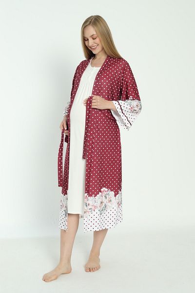 Miss Dünya Lissa Maternity and Pregnant Nightgown Set with Polka Dot Patterned Dressing Gown