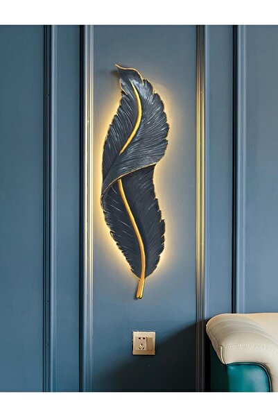 CajuArt Büyük Boy Dekoratif Tüy Şekilli Pilli Işıklı Duvar Dekoru Modern Aplik