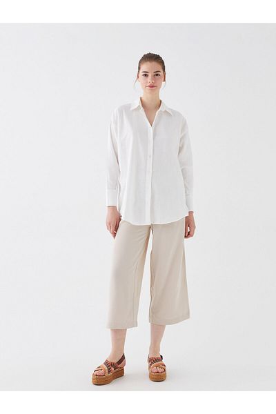 LC Waikiki Shirt Collar Plain Long Sleeve Oversize Linen Look Women's Tunic