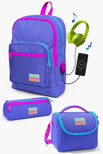 Coral High Set ghiozdan 3 piese pentru copii Lavanda cu USB SET0123803