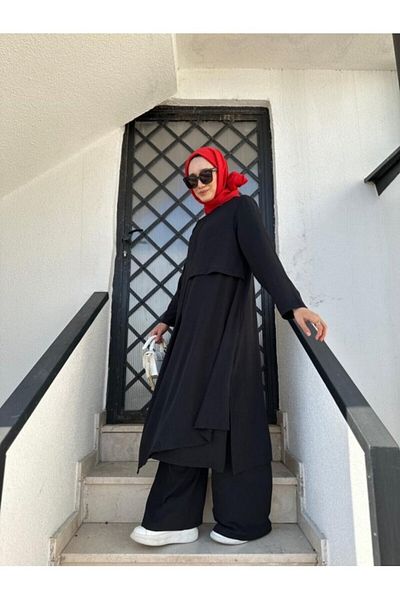 NS Moda Set Tunica Asimetrica Hijab si Pantaloni, Negru Model-495
