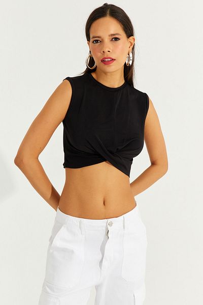Cool & Sexy Damska czarna, wiązana z przodu bluzka typu Crop SDY2018