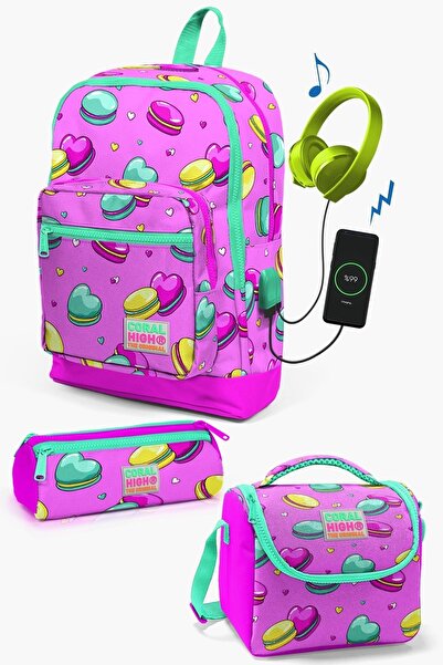 Coral High Kids Açık Pembe Su Yeşili Makaron Desenli USB'li 3’lü Okul Çanta S...