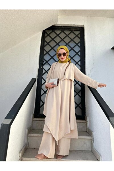 NS Moda Tesettür Asimetrik Tunik Pantolon Takım Krem Model-495