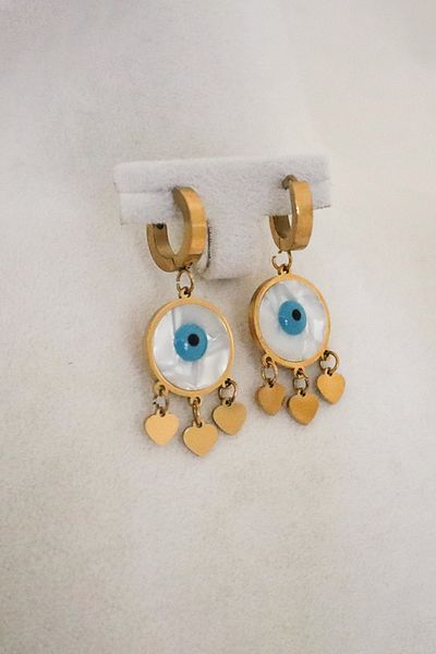 EUROMODA Pearlescent Gold and Silver Plated Steel Pendant Earrings with Heart Figured Evil Eye Design