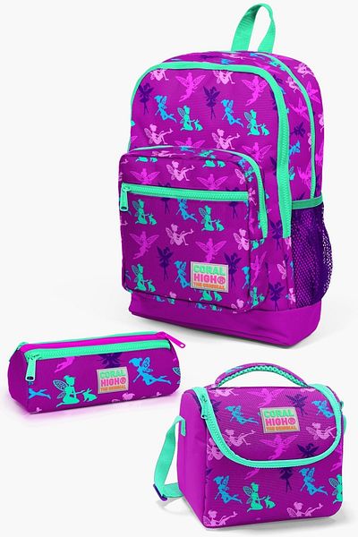 Coral High Set de geanți de școală pentru copii, roz închis, verde apă, cu model, 3 piese, SET0123109
