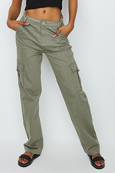 Select Moda Women's Khaki Cargo Pocket Wide Leg Trousers