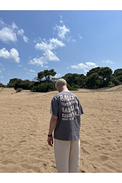 Bases Men's Anthracite Back Printed Crew Neck Oversize T-shirt