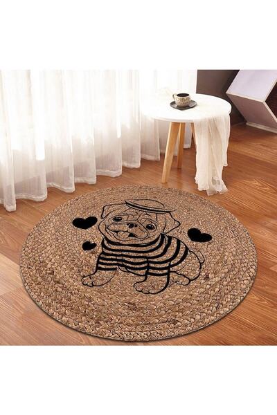 Teksev Köpek Desenli Jüt Hasır Dokuma Yuvarlak Mutfak Halısı KS-1026 Dekorati...