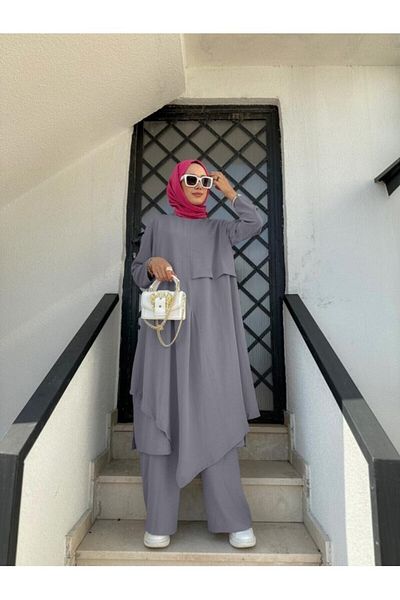 NS Moda طقم تونيك وبنطلون حجاب غير متماثل باللون الرمادي