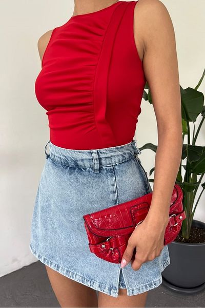 lovebox Дамска плетена блуза без ръкави от креп, стилен дизайн, червена, 5069