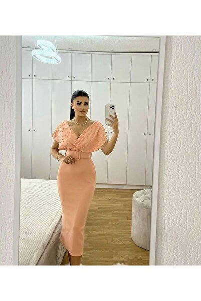 Esinty فستان سهرة نسائي من قماش الغطس مزين باللؤلؤ مع حزام (لون)