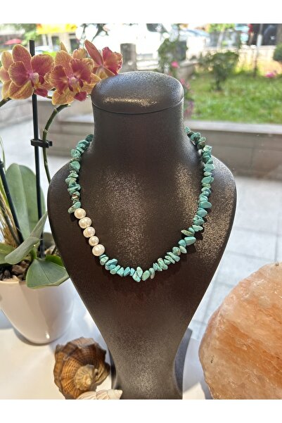 Luna İnci Detaylı Kırık Firuze Taşlı Kolye