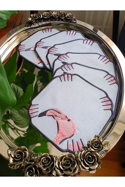 Tanem Home Flamingo Pattern Embroidered 6-Piece Cocktail Napkin, Coasters