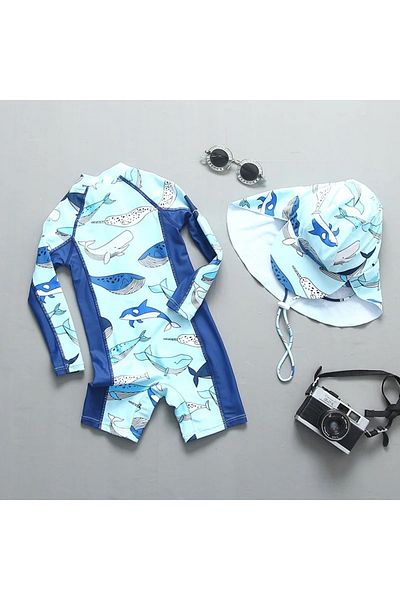 Petityu Upf50+ Sea Lifesaw Boy's Swimsuit with Cap