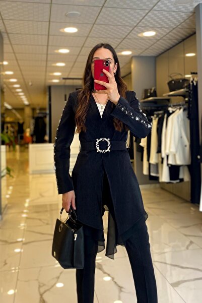 Vosse Miaruj Siyah Kolları Taş İşlemeli Kemeri Taşlı Abiye Ceket