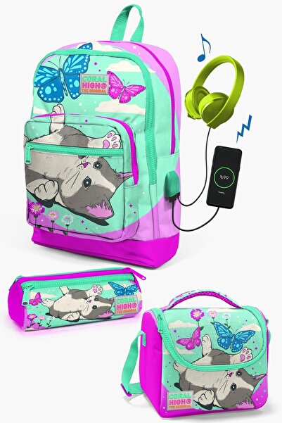 Coral High Kids Water Green Pink Cat Patterned 3-Piece School Bag Set with USB0123807