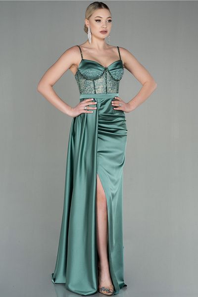 Abiyefon Turquoise Long Satin Evening Dress - Stone Detailed, Transparent Dress Abu2130