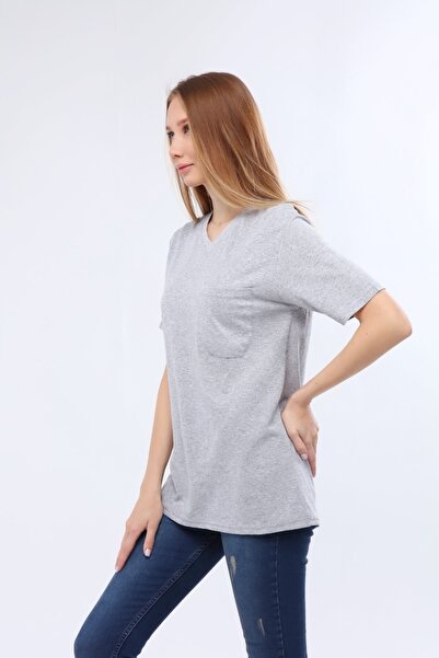 Çamdalı İş Elbiseleri Unisex V-Neck Gray Short Sleeve Single Jersey Business T-Shirt - V-Neck T-Shirt