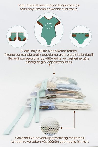 mordesign شبكة غسيل مكونة من 3 قطع، حقيبة ملابس أطفال متسخة/نظيفة، سلة متسخة، سلسلة Dhobis، نعناعي