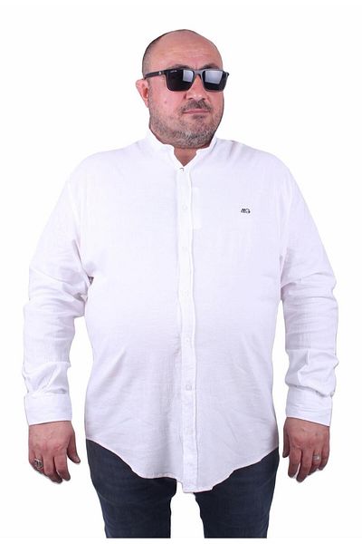 MocGrande Men's Large Size Lycra Linen High Collar Shirt 11307 WHITE