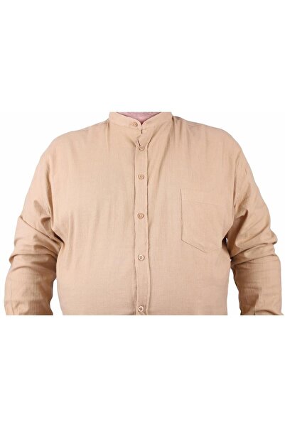 MocGrande Мъжка риза от ликра, лен, голям размер, с яка и джоб, 11308, цвят CAMEL