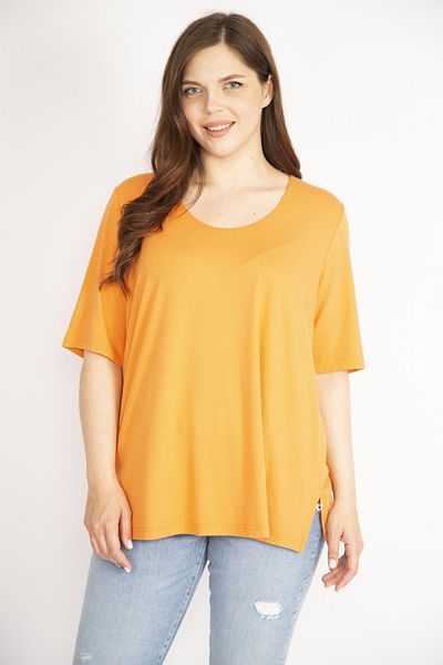 Şans Women's Orange Large Size Two-Layer Short Sleeve Lycra Blouse 65n36341