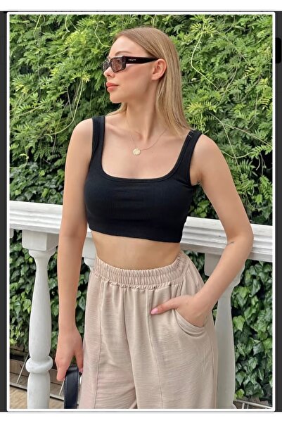 TARGET CH Γυναικείο μαύρο κοντό τοπ με λαιμόκοψη U και ραβδώσεις