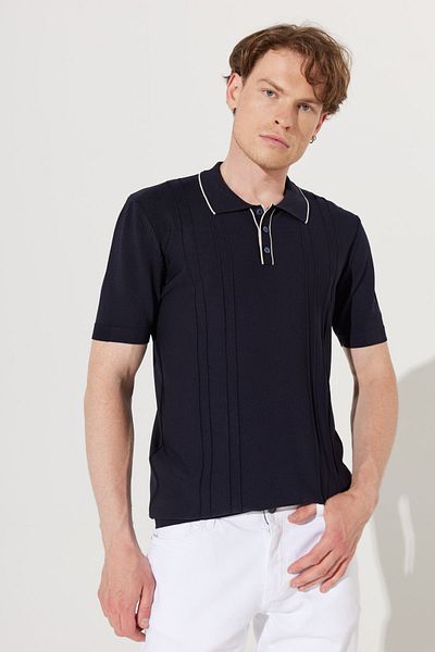 ALTINYILDIZ CLASSICS Men's Navy Blue Standard Fit Regular Cut Polo Neck Short Sleeve Patterned Knitwear T-Shirt