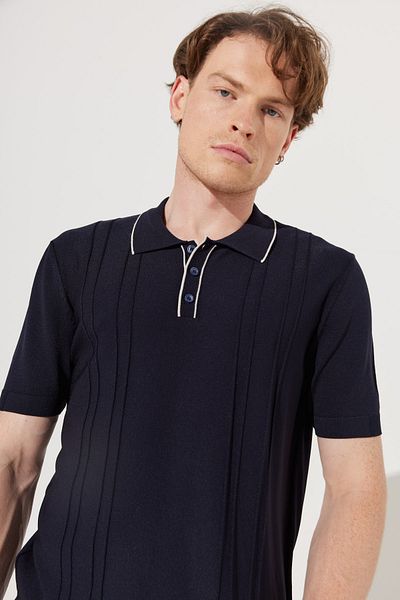 ALTINYILDIZ CLASSICS Men's Navy Blue Standard Fit Regular Cut Polo Neck Short Sleeve Patterned Knitwear T-Shirt